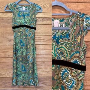 Y2K silk Corsage blue and brown paisley velvet ribbon dress